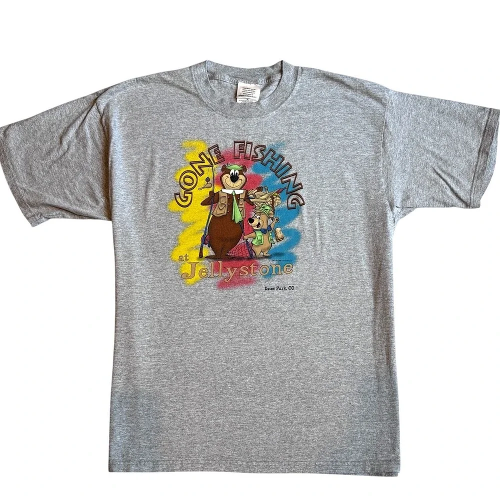 Estes Park Yogi Bear Cartoon Graphic T-Shirt Gone Fishing Jellystone L/XL Y2K